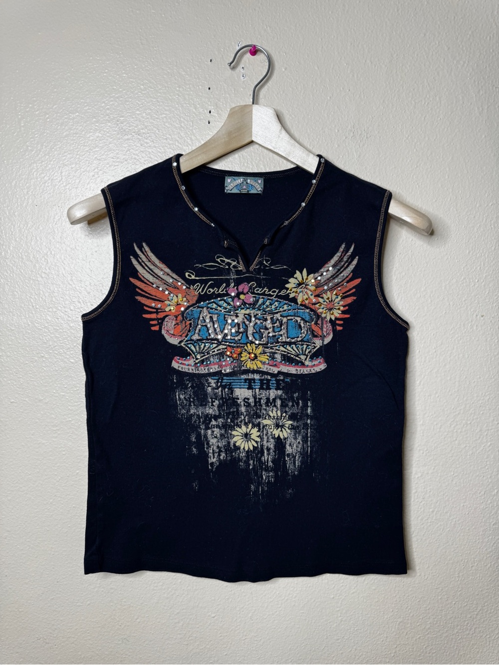 Vanilla Sugar Y2K Graphic Tank Womens Medium Black Studded Western Angel Wings